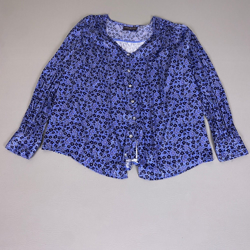 Lane Bryant Blouse Plus Size 14/16 1X Blue Floral Button Front Long Sleeve *Flaw
